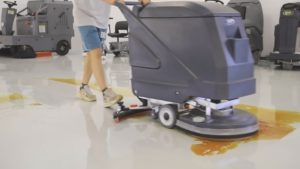 Smart floor scrubber with eco-friendly features in action